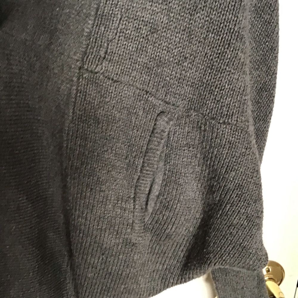 Thick & heavy, dark gray cardigan sweater, with two pockets, hood & tight sleeve